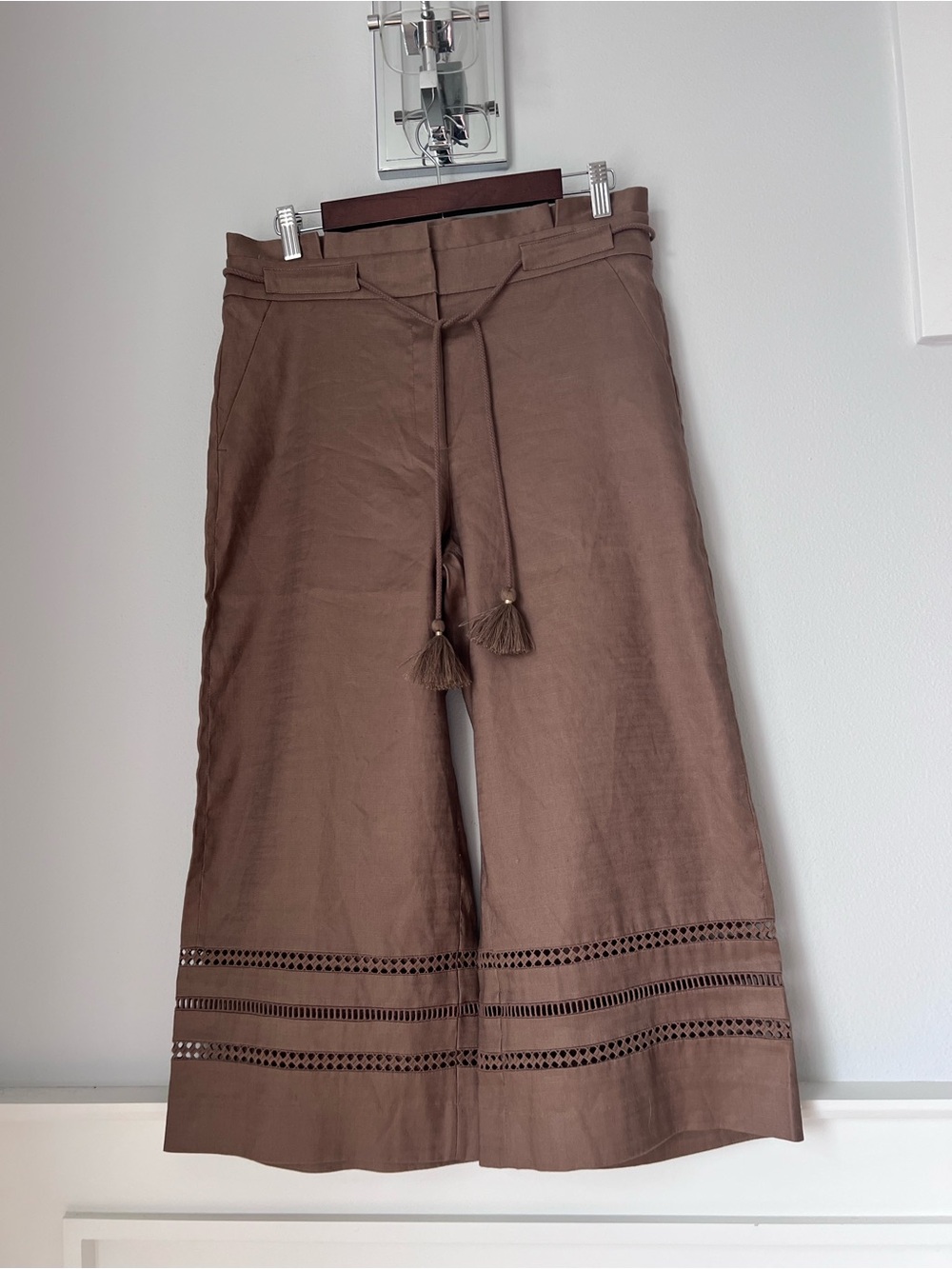 Brown Wide-Leg Drawstring Womens  linen blend crop Pants size 8